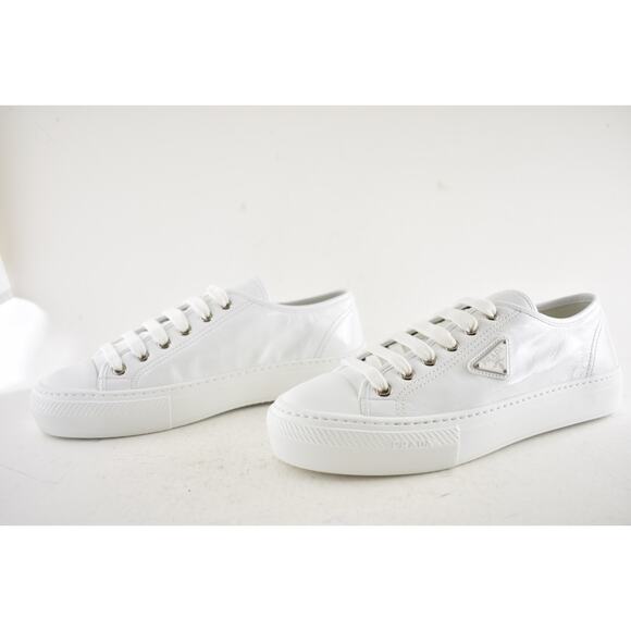 Prada Smash Naplak White Patent Logo Lace Up Flat Low Top Trainer Sneaker 38.5 - Picture 14 of 16